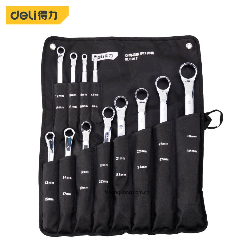 DELI/得力 DL0212 镜面双梅花扳手套装12件套布包铬钒钢(银)(套)